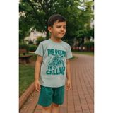 Erkek Çocuk Yazlık Şortlu Takım | The Ocean Is Calling Baskılı Tişört + Yeşil/mavi Şort | Günlük Kombin, Tatil, Park Giyim - 4 Yaş