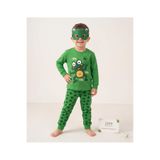 Erkek Çocuk Yeşil Kurbağa Baskılı Uzun Kollu Pijama Takımı ve Uyku Maskesi Seti