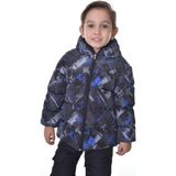 Erkek Çocukdijital Desen Polar Su ve Rüzgar Geçirmez Kapüşonlu Şişme Kışlık Mont - Saks - Antrasit - 2 - 4 Yaş