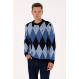 Erkek Comfort Fit Bisiklet Yaka Baklava Desenli Lacivert Kazak