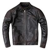 Erkek Dana derisi Motosiklet Montu, Siyah, Slim Fit, Omuzları Kapitone, Dik Yaka, Cepleri Fermuarlı (Kahverengi, XS)