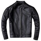 Erkek Dana derisi Motosiklet Montu, Siyah, Slim Fit, Omuzları Kapitone, Dik Yaka, Cepleri Fermuarlı (Siyah, 3XL)