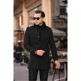 Erkek Dar Kesim Dik Yaka Yün Karışımlı Uzun Kaşe Kaban - 4XL - Siyah