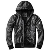 Erkek Deri Bomber Ceket, Kapüşonlu, Siyah, Önü Fermuarlı, Çoklu Cepli, Fitilli Kenarlı (Siyah Kapüşonlu, 5XL)