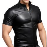 Erkek Deri Görünümlü Kısa Kollu Fermuarlı Gömlek, Hakim Yaka, Slim Fit, Siyah, M