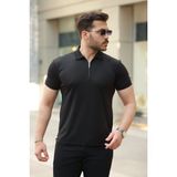 Erkek Deri Panel Detaylı Fermuar Yakalı Kısa Kollu Tişört - Siyah - 2XL