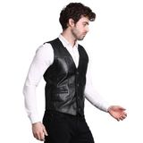 Erkek Deri Yelek, Kuzu Derisi, Slim Fit, V Yaka, Siyah, Düğmeli (Siyah, M)