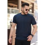 Erkek Desenli Çizgi Kabartmalı Kısa Kollu Tişört - Lacivert - 2XL