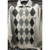 Erkek Desenli Polo Yaka Ince Yün Triko Düğmeli Baba Kazak - 3XL - Gri