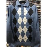 Erkek Desenli Polo Yaka Ince Yün Triko Düğmeli Baba Kazak - 3XL - İndigo