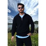 Erkek Dik Yaka Fermuarlı Triko Kazak - Siyah - XL