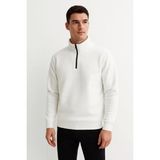 Erkek Dik Yaka Sweatshirt Dik Yaka Yarım Fermuarlı 3 İplik Şardonlu Pamuk Kumaş - Beyaz