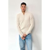 Erkek Dik yaka Yarım Fermuarlı saç Örgü Desen Triko Kazak Taş - 26502 - L - XL