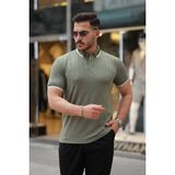 Erkek Düğme Yakalı Jakar Kumaş Kısa Kollu Tişört - Haki - 2XL