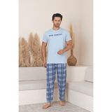 Erkek Ekose Desenli Kısa Kol Pijama Takımı - M - Mavi