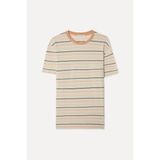 Erkek Ekru Çizgili Comfort Fit Bisiklet Yaka Keten Karışımlı T-Shirt