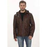 Erkek El Yapımı Kapüşonlu Derimont Kahverengi Hakiki Kuzu Derisi Erkek Mont - 3XL