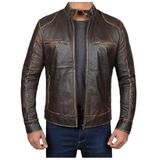 Erkek Eskitme Hakiki Kuzu Derisi Deri Ceket, Fermuarlı, Eskitme Silme Şeritli, Saten Astarlı (Eskitme Silme Kahve-Siyah Renk, 5XL)