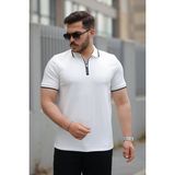 Erkek Fermuar Yakalı Çizgi Detaylı Kısa Kollu Tişört - Beyaz - 2XL