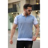 Erkek Fermuar Yakalı Çizgili Kısa Kollu Tişört - Beyaz - Mavi - 2XL