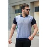 Erkek Fermuar Yakalı Çizgili Kısa Kollu Tişört - Siyah - Gri