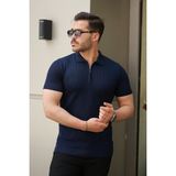 Erkek Fermuar Yakalı Kısa Kollu Tişört - Lacivert - XL