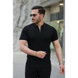 Erkek Fermuar Yakalı Kısa Kollu Tişört - Siyah - XL