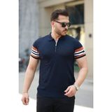 Erkek Fermuar Yakalı Kolları Desenli Kısa Kollu Tişört - Lacivert - XL