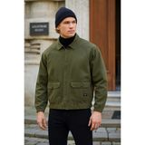 Erkek Fermuarlı Basic Cepli Haki Bol Kot Ceket - 2XL