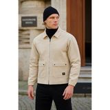 Erkek Fermuarlı Basic Cepli Krem Bol Kot Ceket - 2XL