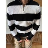 Erkek Fermuarlı Çizgili Desenli Triko Kazak - XL - Siyah - Beyaz
