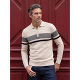 Erkek Fermuarlı Polo Yaka Kazak Triko Kabartmalı Örgü Desenli Klasik Kalıp - 5241F - Kemik - XL