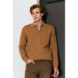 Erkek Fermuarlı Polo Yaka Kazak Triko Kabartmalı Örgü Düz Renk Klasik Kalıp - 5240F - Camel - 2XL