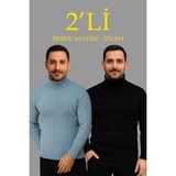 Erkek Fitilli Kazak Tam Boğazlı Balıkçı Yaka Triko 2'li Set Bebek Mavisi-Siyah - Bebek Mavisi - Siyah
