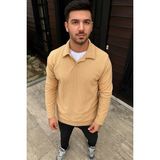 Erkek Fitilli Polar Sweatshirt – Düğmesiz Polo Yaka, Oversize Rahat Kalıp, Kalın Polar Kumaş, Kışlık ve Baharlık Şık Günlük Üst - Bej