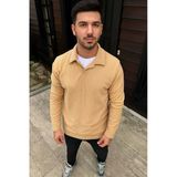Erkek Fitilli Polar Sweatshirt Düğmesiz Yaka Oversize - Bej