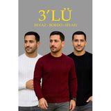 Erkek Fitilli Triko Bisiklet Yaka Kalın Kazak 3'Lü Set Beyaz-Bordo-Siyah