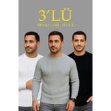 Erkek Fitilli Triko Bisiklet Yaka Kalın Kazak 3'Lü Set Beyaz-Gri-Siyah
