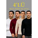 Erkek Fitilli Triko Bisiklet Yaka Kalın Kazak 4lü Set Beyaz-Bebek Mavisi-Gri-Siyah - XL