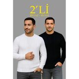 Erkek Fitilli Triko Kazak 2 Li Set Siyah Beyaz Kalın Dokuma Pamuklu Regular Fit Bisiklet