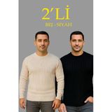 Erkek Fitilli Triko Kazak 2’Li Set Bej Beyaz Kalın Dokuma Pamuklu Regular Fit Bisiklet