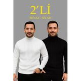 Erkek Fitilli Triko Kazak 2'Li Set Beyaz Siyah Regular Balıkcı Yaka Tam Boğazlı Triko Seti Modeli Kazak