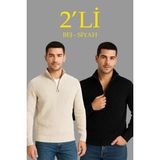 Erkek Fitilli Triko Kazak 2’Li Set – Siyah & Bej Kalın Dokuma Pamuklu Regular Fit V Yaka Fermuarlı Uzun Kollu Rahat Kışlık Kazak Kombini