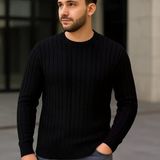 Erkek Fitilli Triko Kazak 2’Li Set Siyah Beyaz Kalın Dokuma Pamuklu Regular Fit Bisiklet