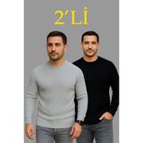 Erkek Fitilli Triko Kazak 2’li Set – Siyah - Gri, Kalın Dokuma Pamuklu Regular Fit Bisiklet Yaka Uzun Kollu Rahat Kışlık Kazak Kombini