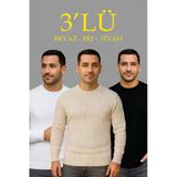 Erkek Fitilli Triko Kazak 3 Lü Set Bej Beyaz Siyah | Kalın Dokuma Pamuklu Regular Fit