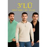 Erkek Fitilli Triko Kazak 3 Lü Set Mint Yeşili Siyah Bej Kalın Dokuma Pamuklu Regular Fit - Renkli