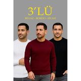 Erkek Fitilli Triko Kazak 3Lü Set Beyaz Bordo Siyah Regular Fit Bisiklet Yaka Triko Seti