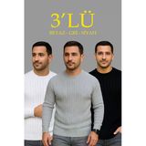 Erkek Fitilli Triko Kazak 3'Lü Set Beyaz Gri Siyah Regular Fit Bisiklet Yaka Triko Seti