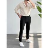Erkek Flam Çizgili Oversize Keten Gömlek - Bej - Beyaz